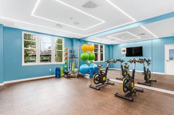 Yoga studio with mirrors and spin bikes